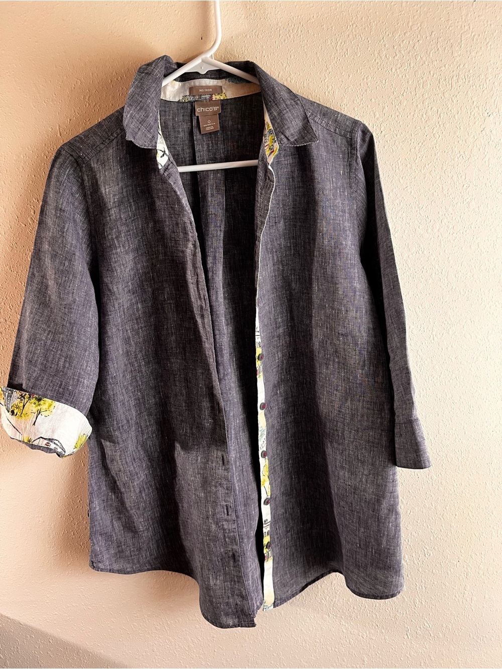 Chico's Slate Gray Linen Button shirt with Subtle Printed Trim